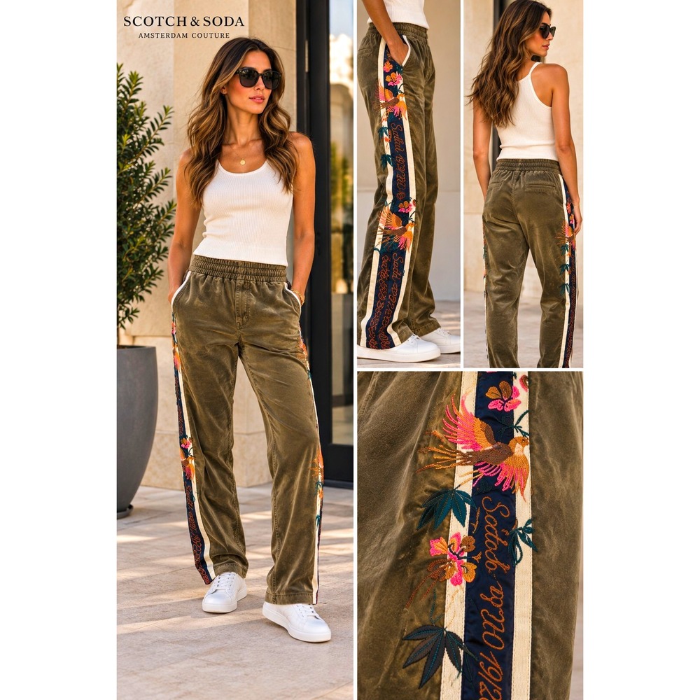 Scotch & Soda Olive Velvet Embroidered Floral Stripe Jogger Pants